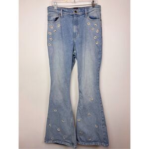 Lee Size 31M Embroidered Wide Flare Leg Jeans Daisy Boho Denim Free People
